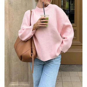 Pink Casual Women's Loose Drop Shoulder Pullover Sweater